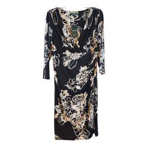 Lauren Ralph Lauren Midi dress sz 14 black white floral ruched jersey V-neck